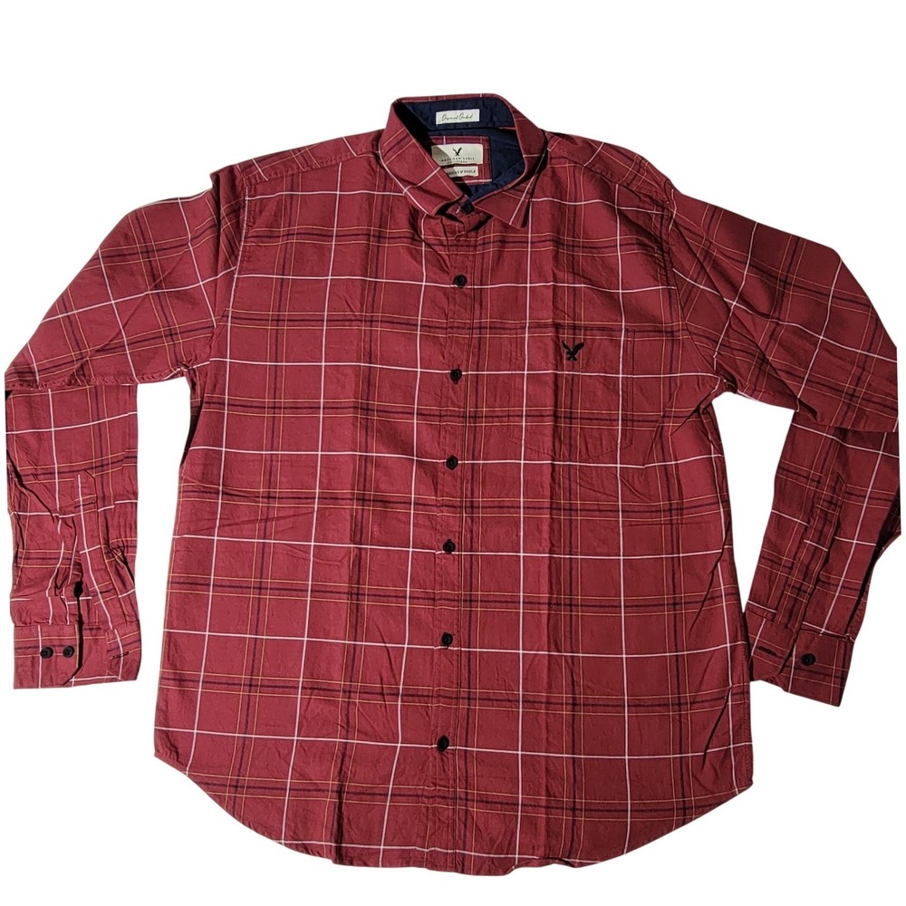 American Eagle Mens 2XL Burgundy Plaid Button Down Shirt Original Standard